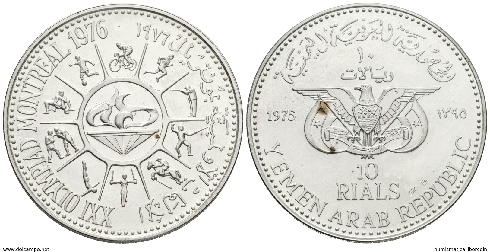 883 YEMEN. 10 Rials. 1975, AH 1395. Olimpiadas De Verano De Montreal. Km#16. Ar. 35,42g. Dos Manchitas En Reverso. SC. - Sonstige & Ohne Zuordnung