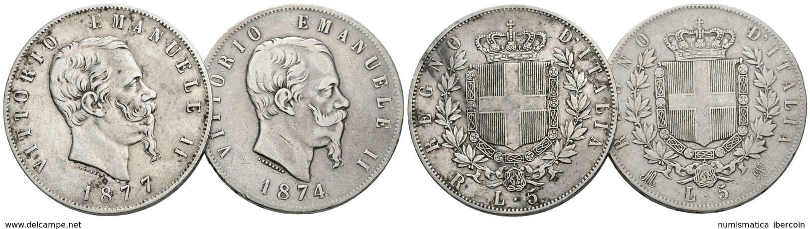 926 ITALIA. Vittorio Emanuele II. 5 Liras, 1874. Milan M Y 1877 Roma R. Ar. MBC-/MBC. A EXAMINAR. - Otros & Sin Clasificación