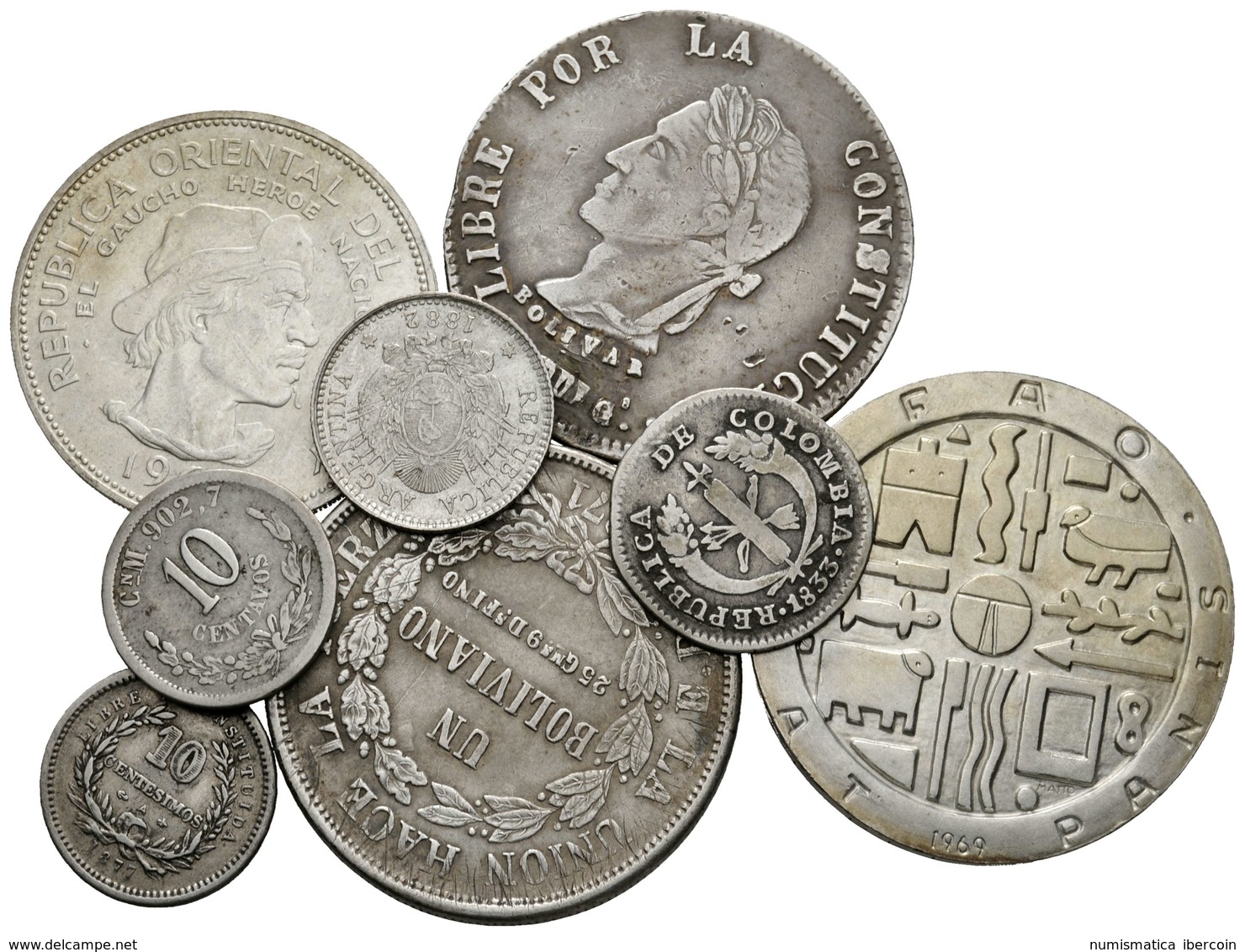 931 SUDAMERICA. Lote Compuesto Por 8 Monedas De Plata De Argentina, Bolivia, Colombia, México Y Uruguay. Diferentes Valo - Sonstige & Ohne Zuordnung
