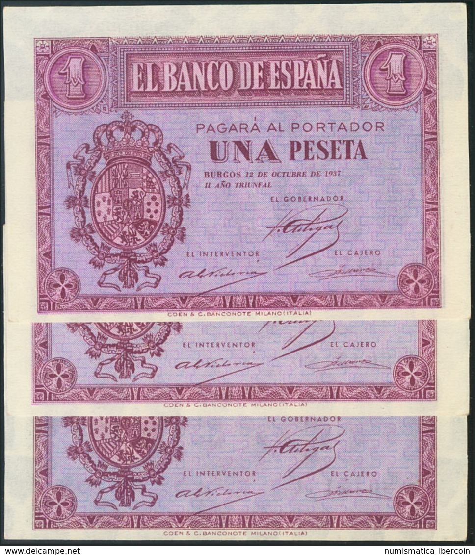 952 1 Peseta. 12 De Octubre De 1937. Banco De España, Burgos. Serie F, Trío Correlativo. (Edifil 2017: 425a). SC. - Sonstige & Ohne Zuordnung