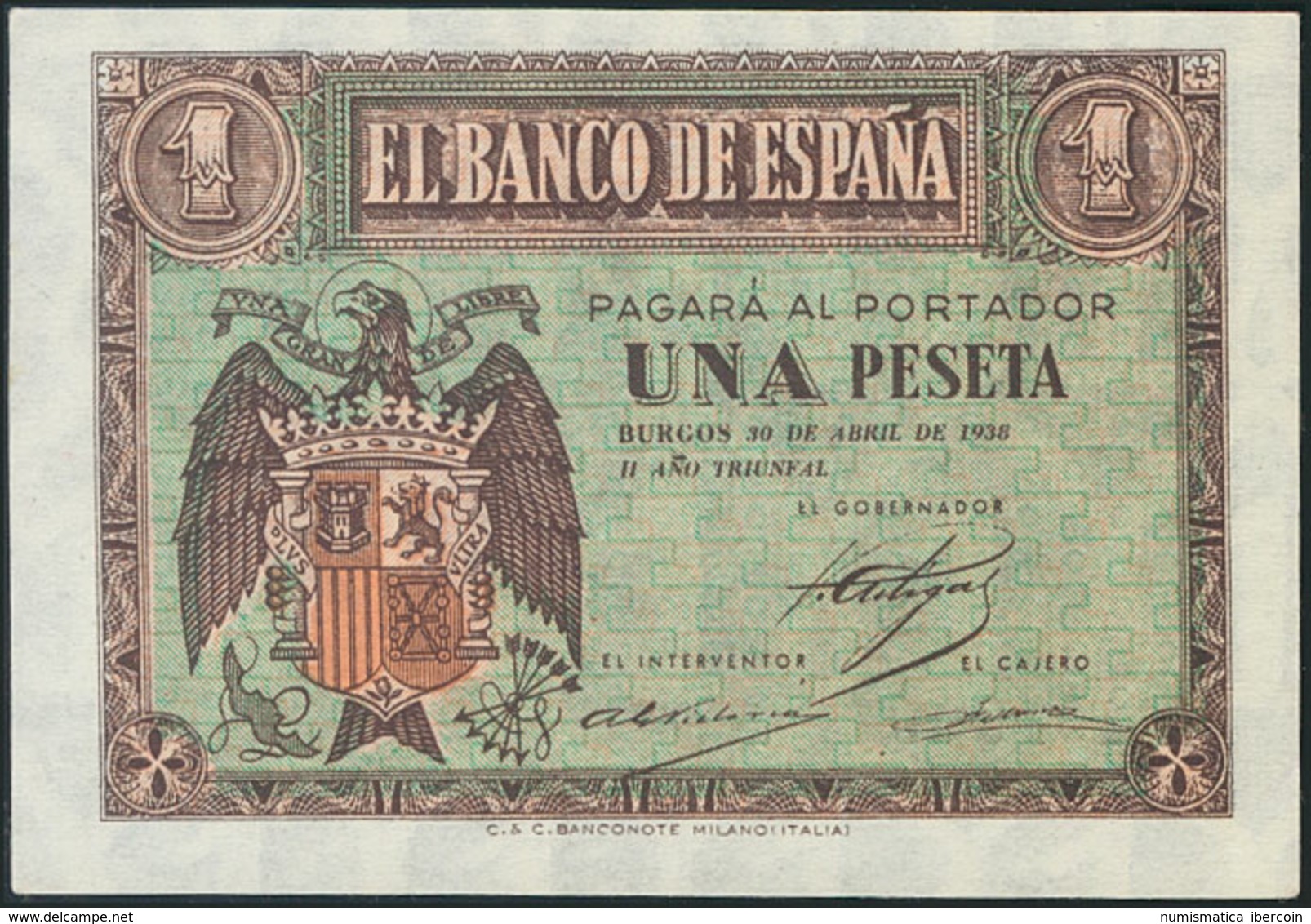 953 1 Peseta. 30 De Abril De 1938. Banco De España, Burgos. Serie A. (Edifil 2017: 428). SC-. - Altri & Non Classificati
