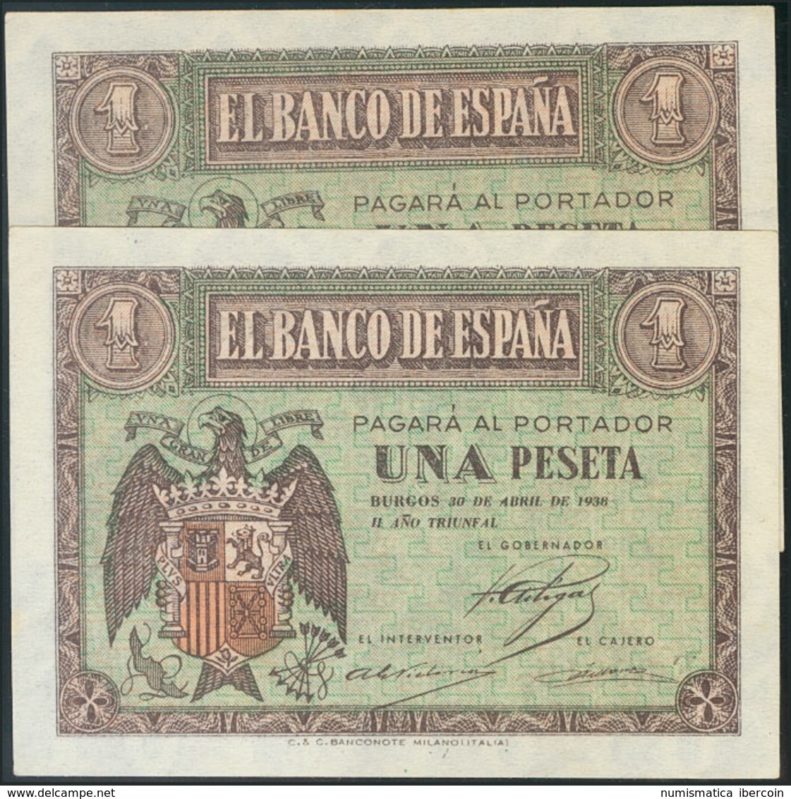 954 1 Peseta. 30 De Abril De 1938. Banco De España, Burgos. Serie F, Pareja Correlativa. (Edifil 2017: 428a). SC. - Andere & Zonder Classificatie