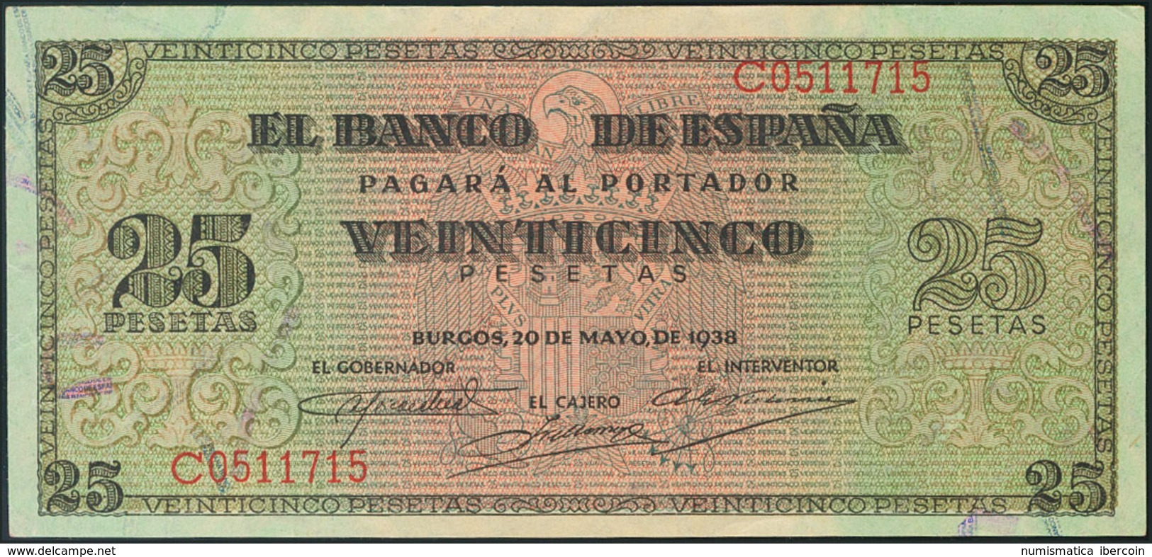 956 25 Pesetas. 20 De Mayo De 1938. Banco De España, Burgos. Serie C. (Edifil 2017: 430a). SC. - Andere & Zonder Classificatie