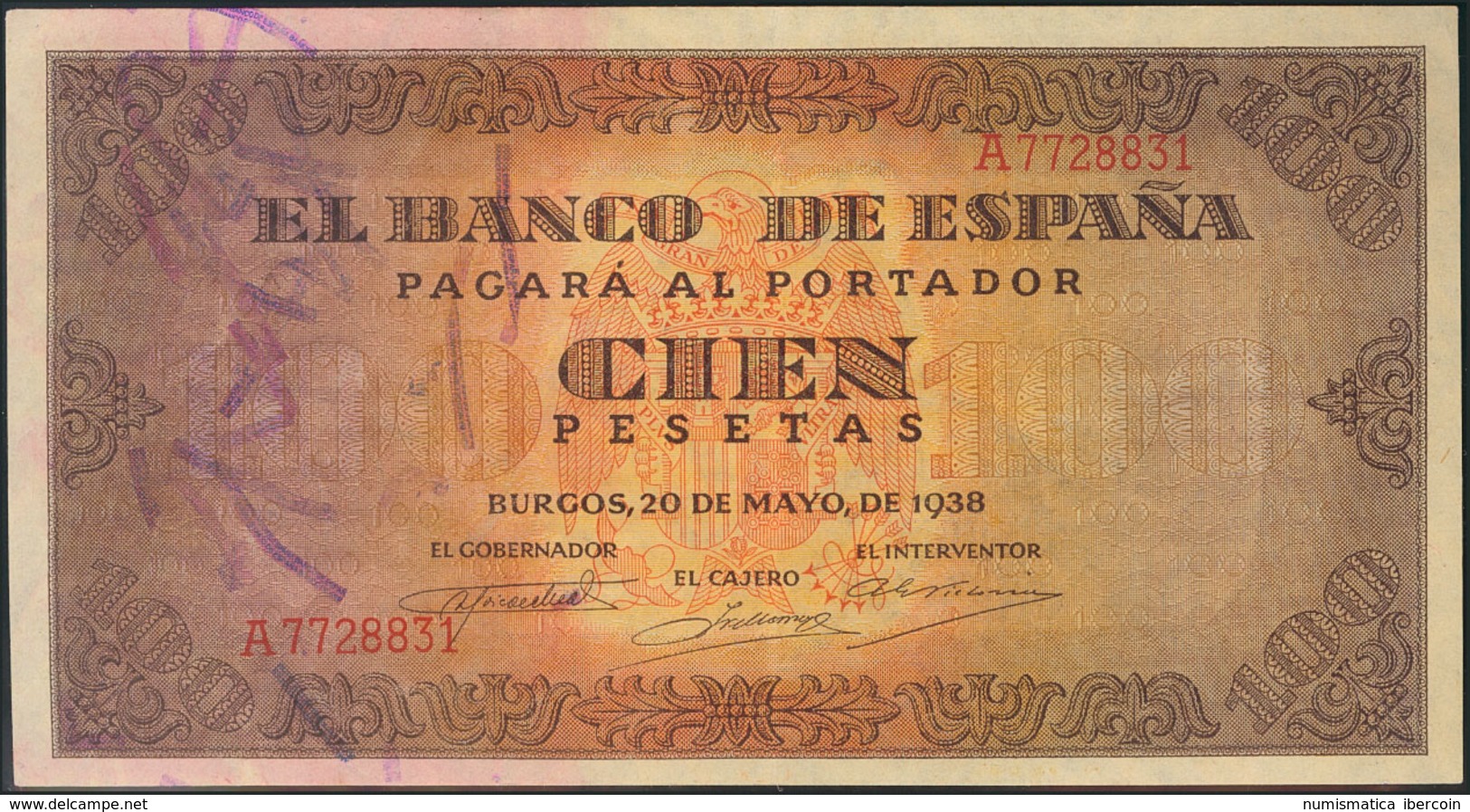 957 100 Pesetas. 20 De Mayo De 1938. Banco De España, Burgos. Serie A. (Edifil 2017: 432). SC. - Sonstige & Ohne Zuordnung