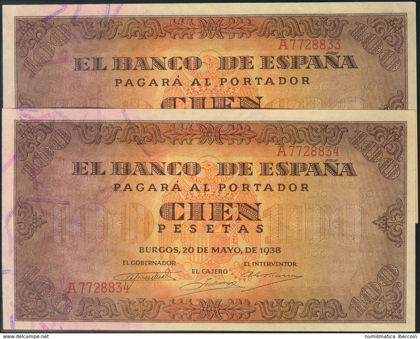 958 100 Pesetas. 20 De Mayo De 1938. Banco De España, Burgos. Serie A, Pareja Correlativa. (Edifil 2017: 432). SC. - Sonstige & Ohne Zuordnung