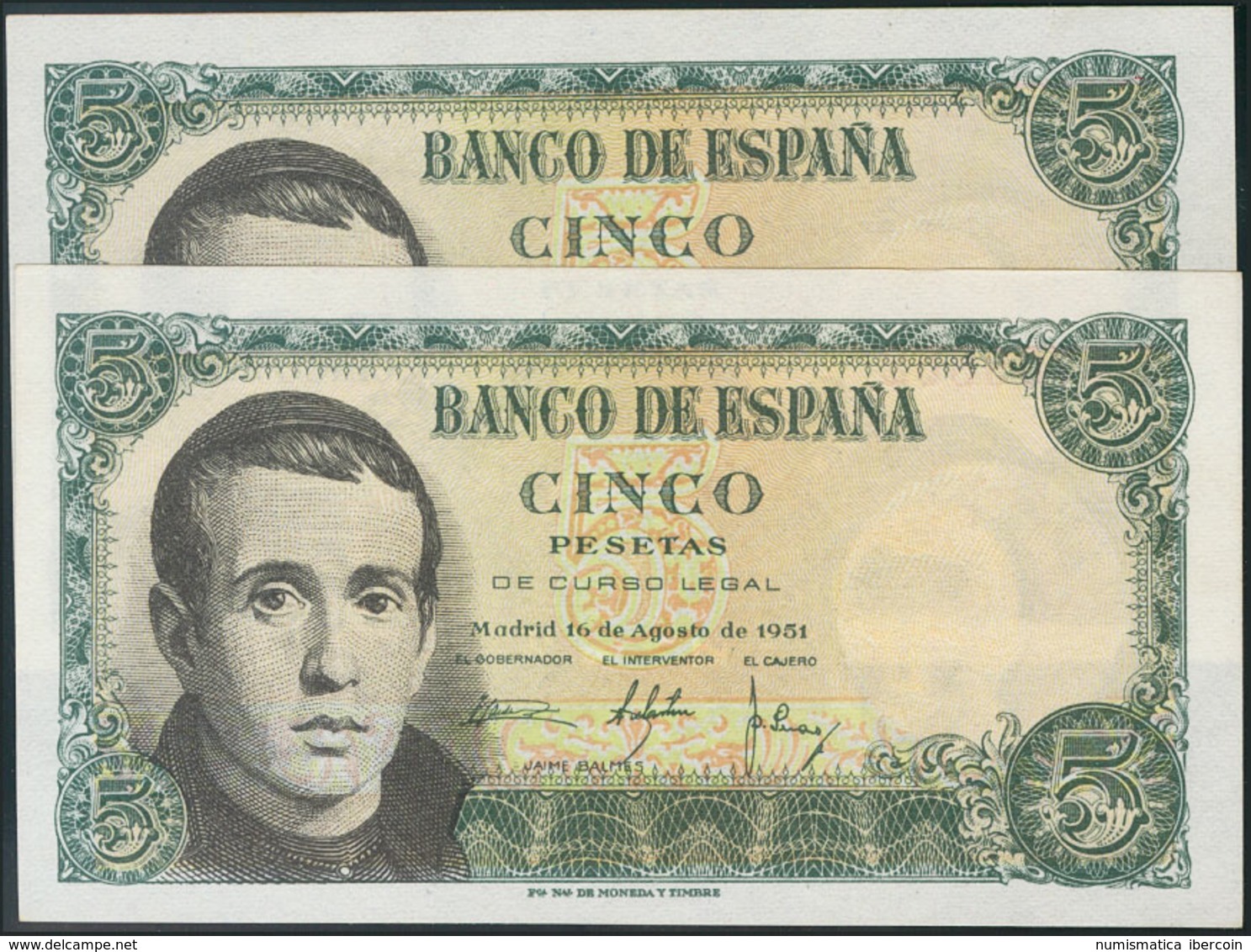 970 5 Pesetas. 16 De Agosto De 1951. Serie D, Pareja Correlativa. (Edifil 2017: 459a). SC. - Otros & Sin Clasificación