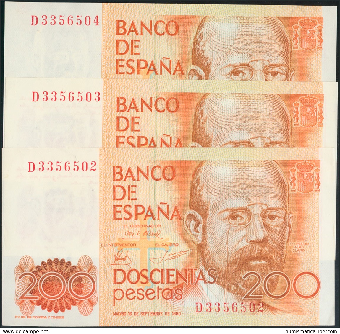 975 200 Pesetas. 16 De Septiembre De 1980. Serie D, Trío Correlativo. (Edifil 2017: 480a). SC. - Andere & Zonder Classificatie