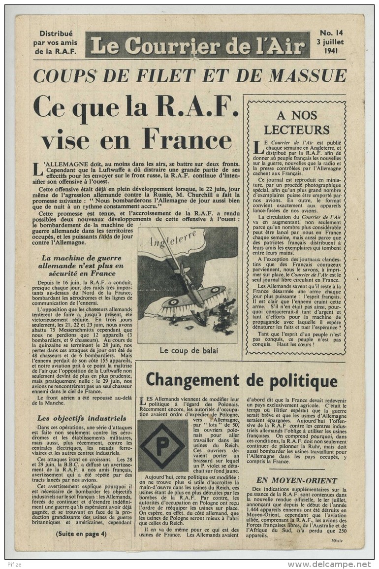 Guerre De 1939-45 . Le Courrier De L'air . Largué Par La R.A.F. Aviation . N° 14 3 Juillet 1941 . - Documents