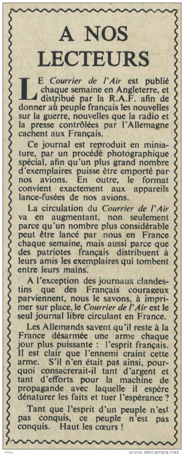 Guerre De 1939-45 . Le Courrier De L'air . Largué Par La R.A.F. Aviation . N° 14 3 Juillet 1941 . - Documents