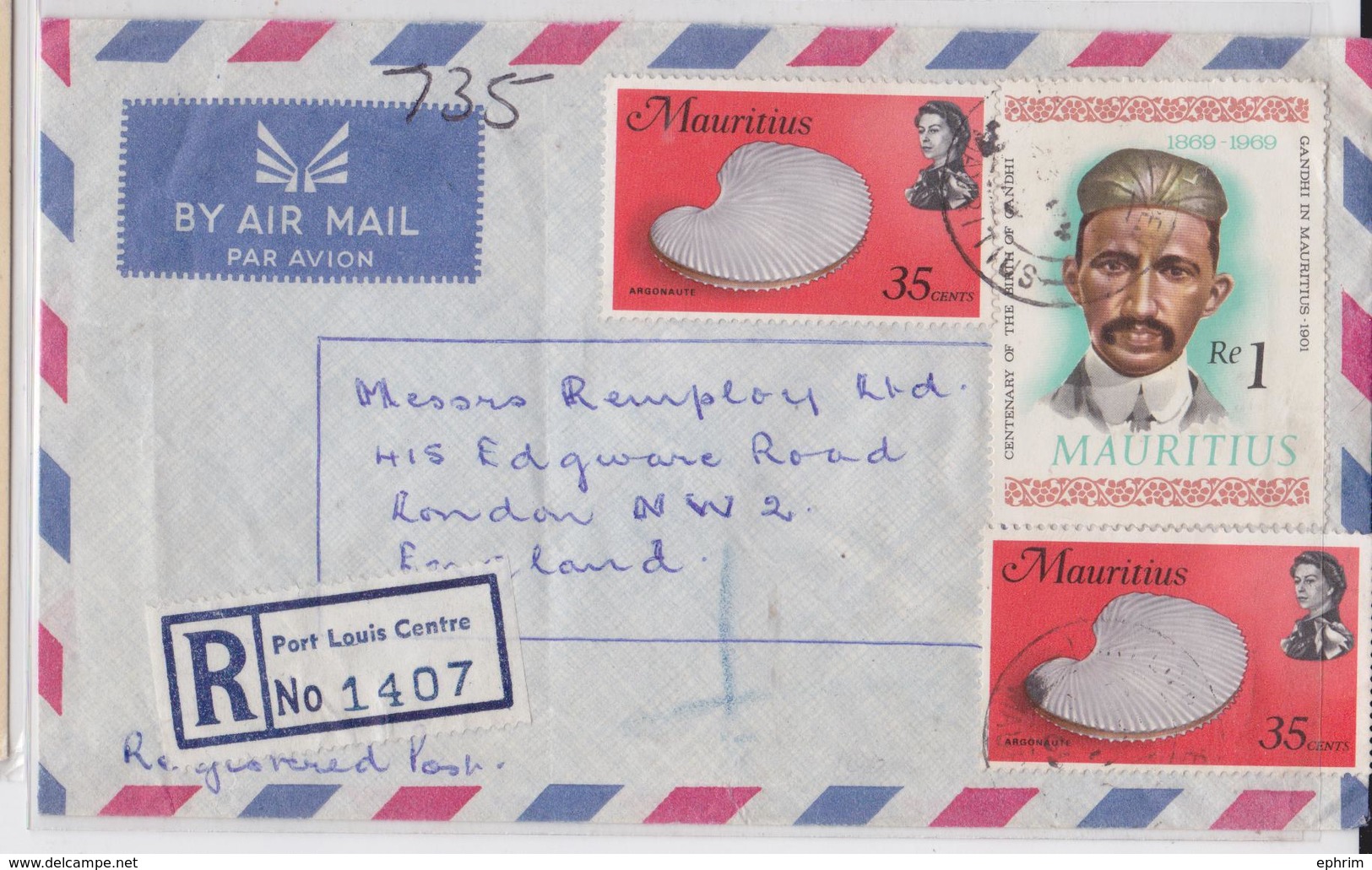 MAHATMA GANDHI STAMP - ÎLE MAURICE - MAURITIUS - PORT LOUIS REGISTERED AIR MAIL COVER 1969 - SHELL - TIMBRE COQUILLAGE - Mahatma Gandhi