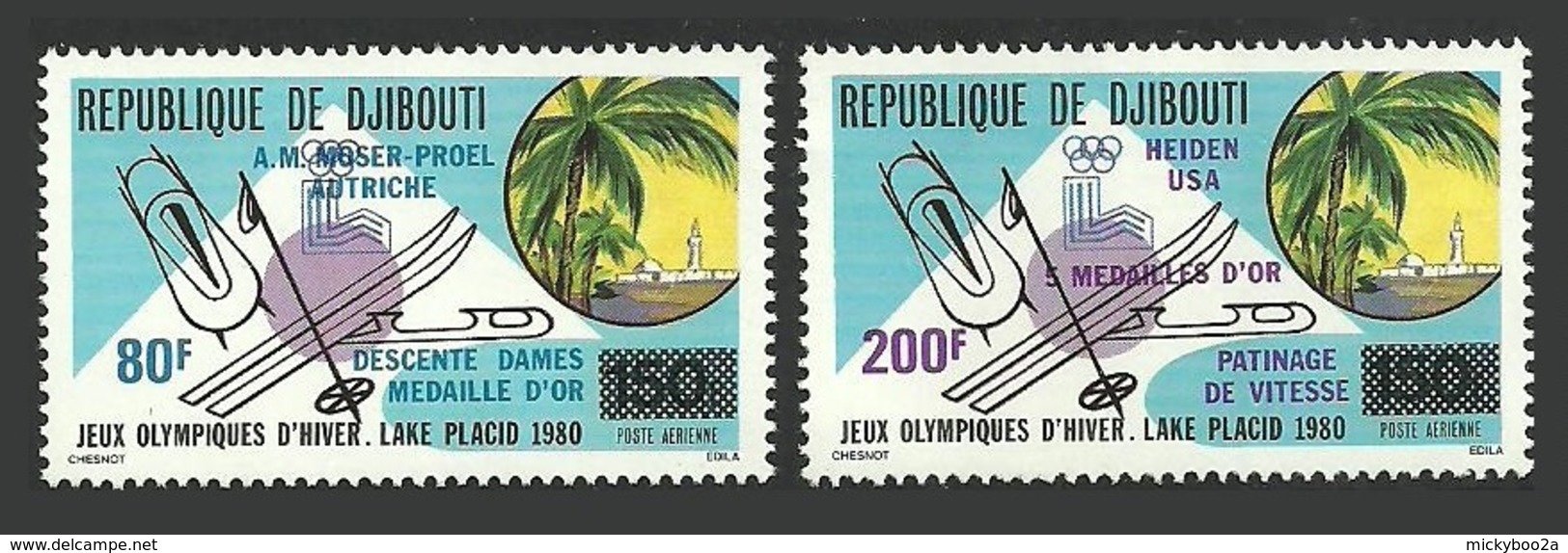 DJIBOUTI 1980 WINTER OLYMPICS LAKE PLACID WINNERS OVERPRINTS SKIING SET MNH - Djibouti (1977-...)