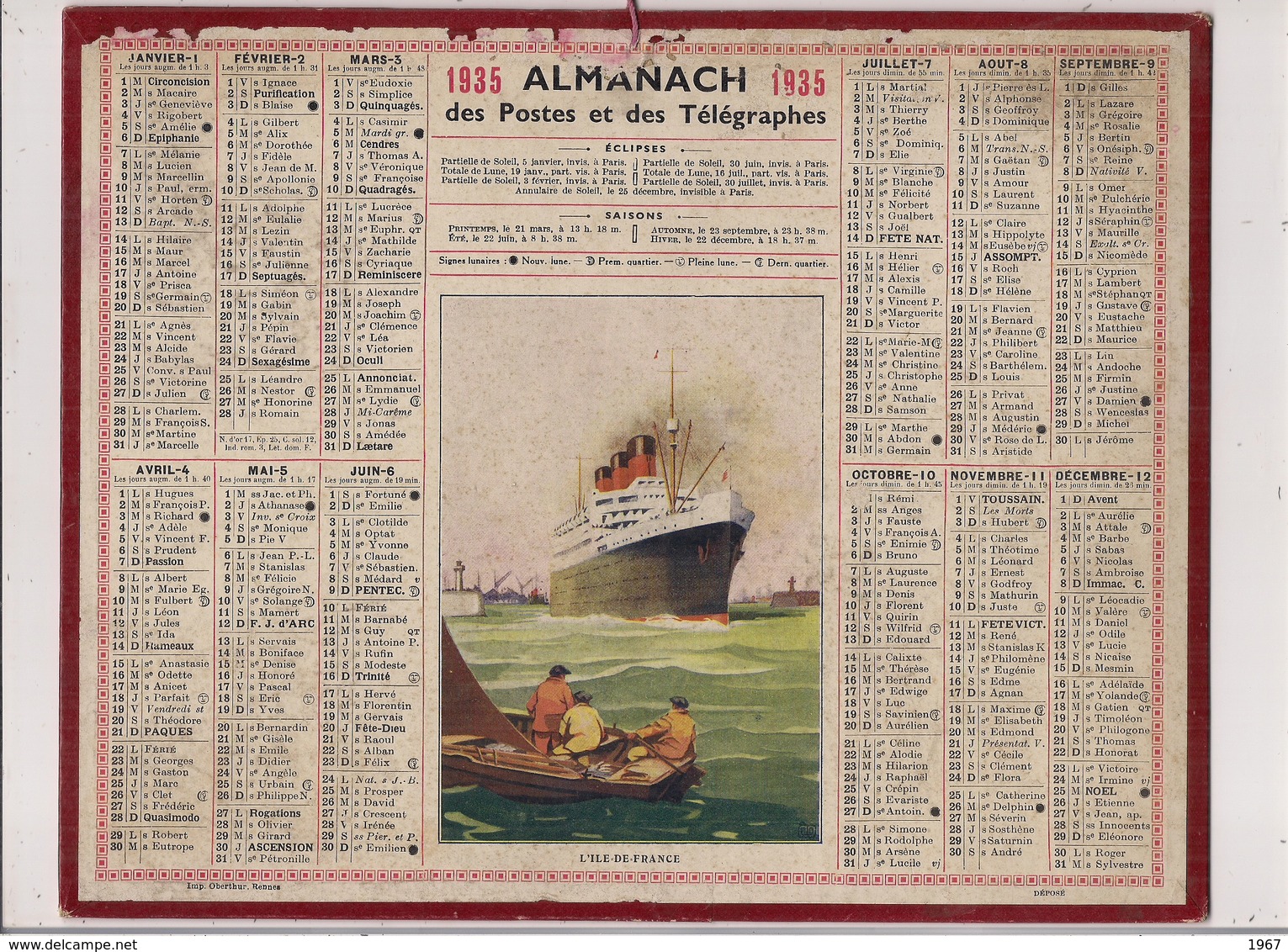 Grand Calendrier Des Postes Oberthur 1935  (Carte AISNE)  Paquebot "Ile De France" - Big : 1921-40