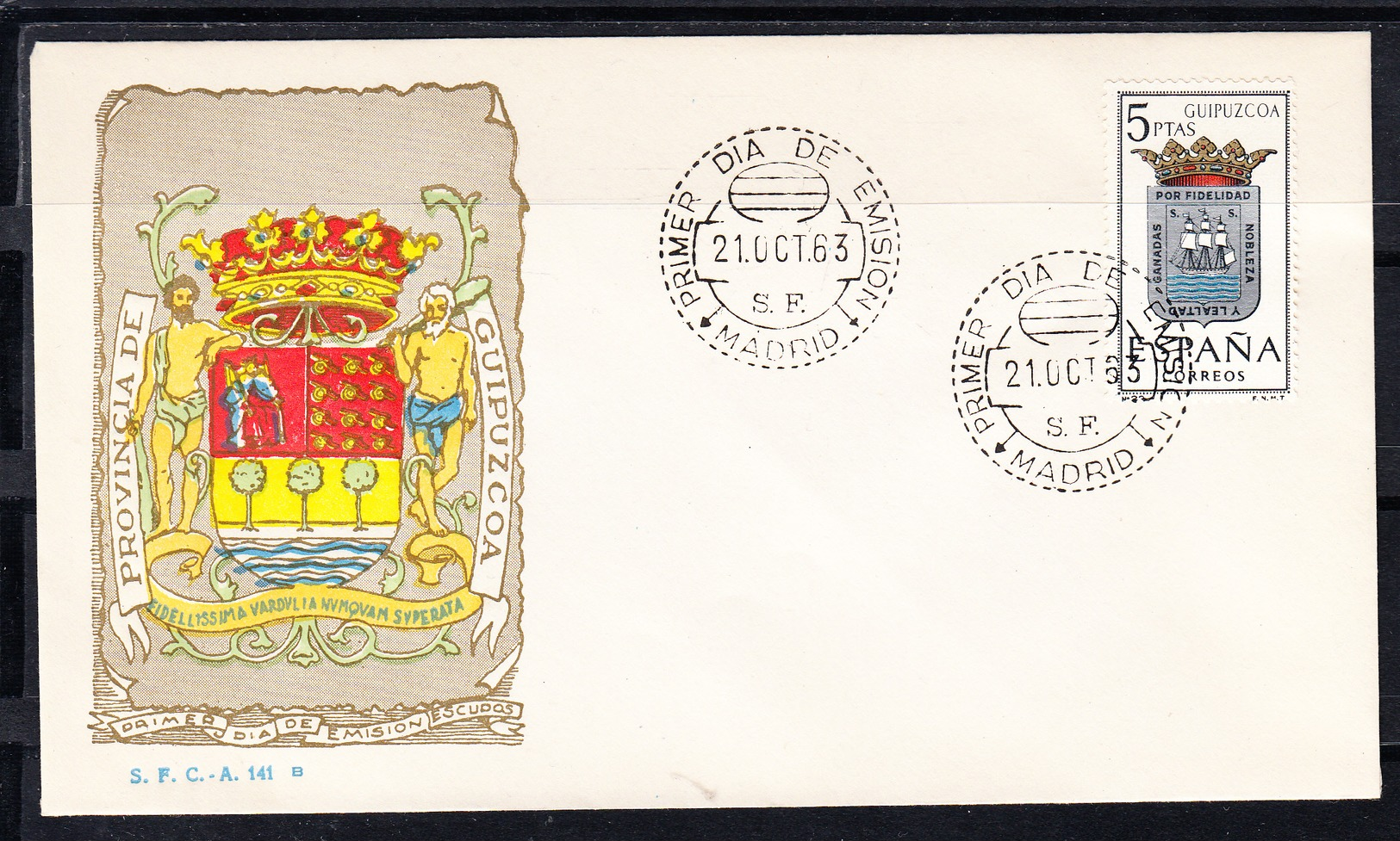 ESPAÑA 1963.SOBRE 1er. DIA FDC EDIFIL Nº 1489.ESCUDO DE GUIPUZCOA .MATASELLOS DE MADRID . CECI 3 Nº 183 - FDC