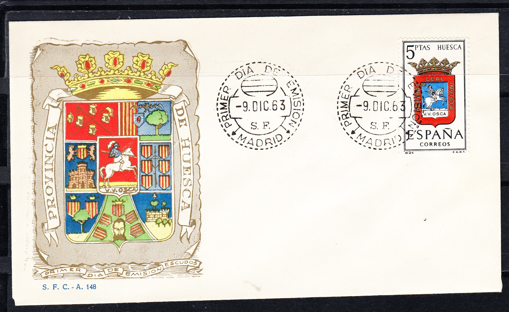 ESPAÑA 1963.SOBRE 1er. DIA FDC EDIFIL Nº 1492.ESCUDO DE HUESCA  .MATASELLOS DE MADRID . CECI 3 Nº 185 - FDC