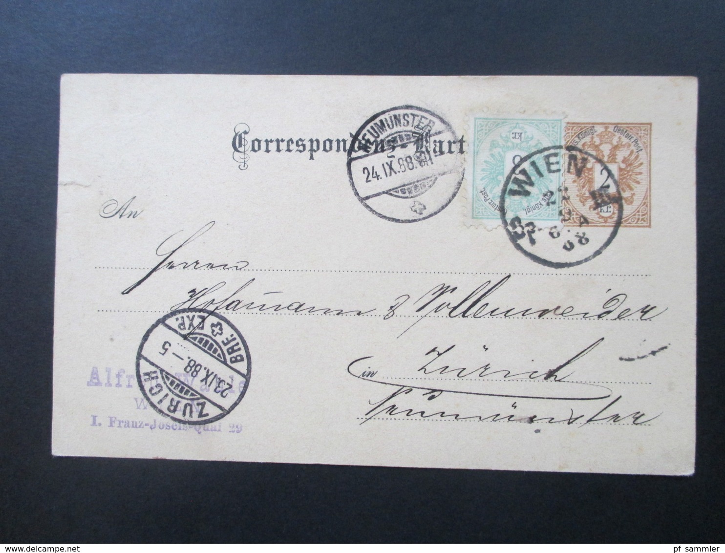 Österreich Ganzsache 1888 Mit Zusatzfrankatur Nr. 45 Wien - Zürich - Neumünster - Briefe U. Dokumente