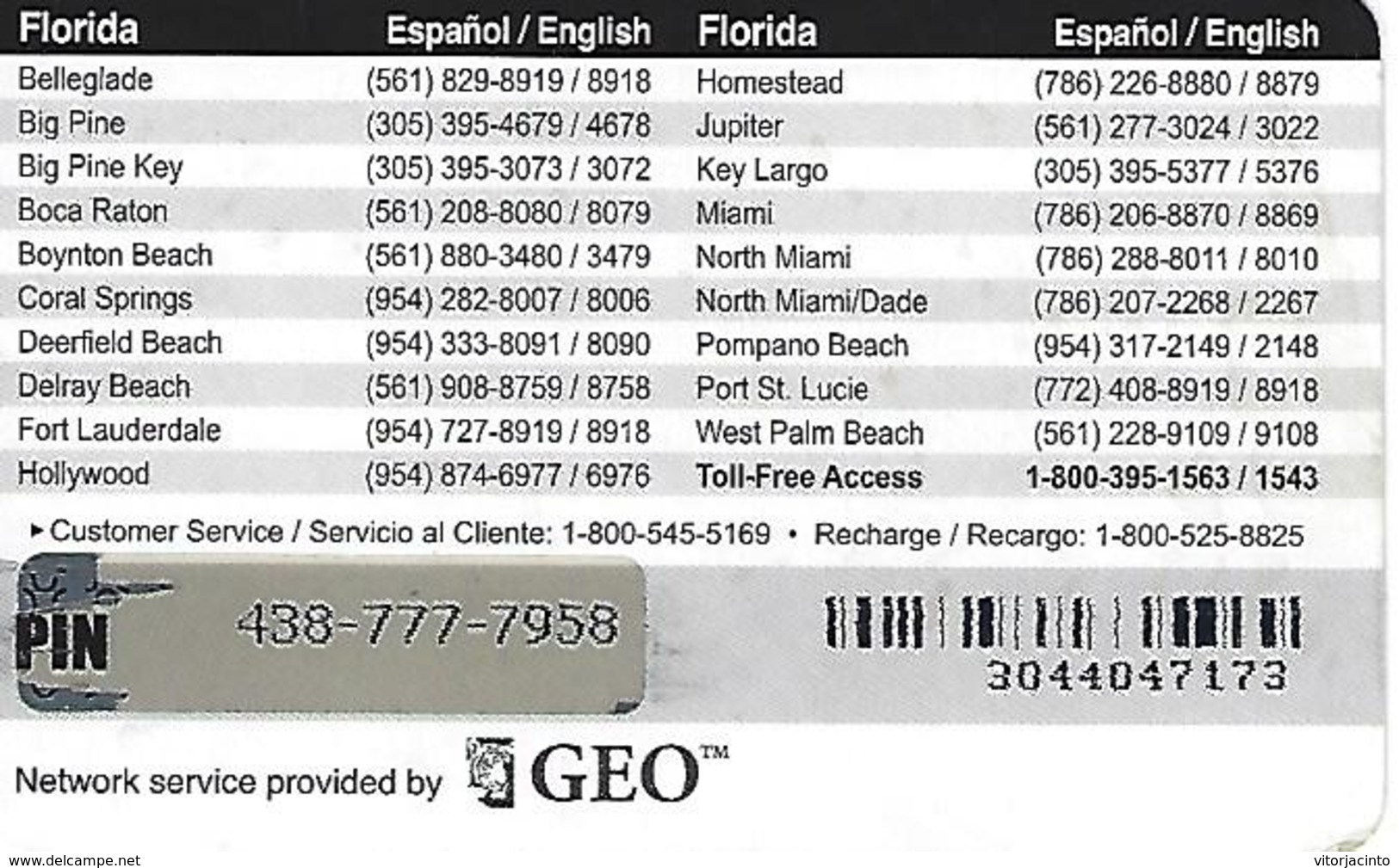 Geo GO Prepaid Phonecard - Florida (USA) - Autres & Non Classés