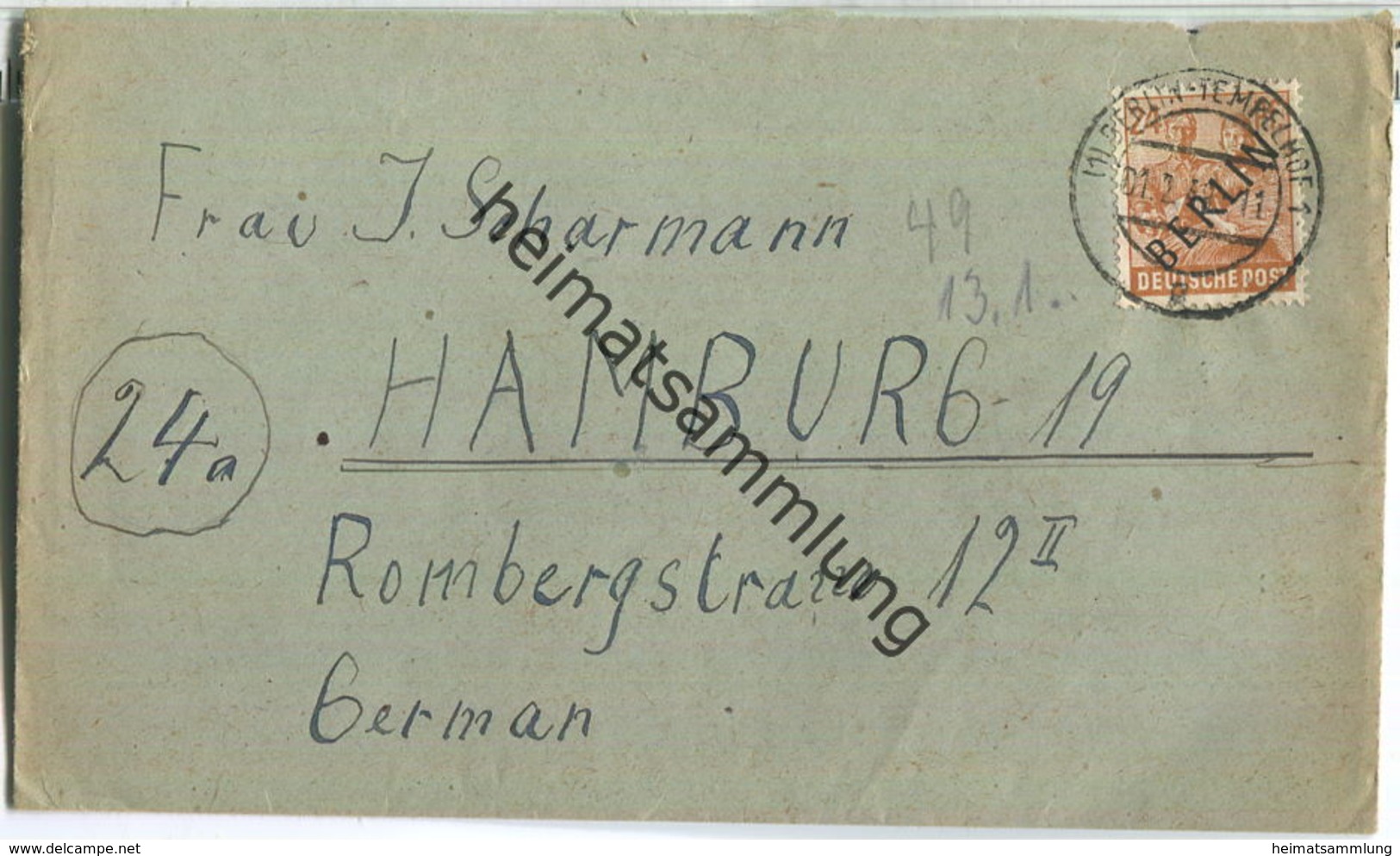 Brief Berlin - 24 Pf. Schwarzaufdruck - Am 01.Februar 1949 Nach Hamburg - Briefe U. Dokumente