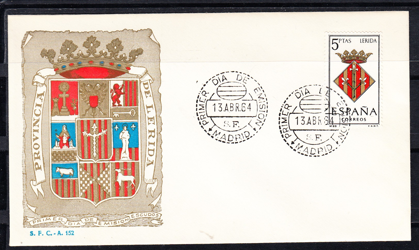 ESPAÑA 1963.SOBRE 1er. DIA FDC EDIFIL Nº 1554.ESCUDO DE LERIDA  .MATASELLOS DE MADRID . CECI 3 Nº 189 - FDC