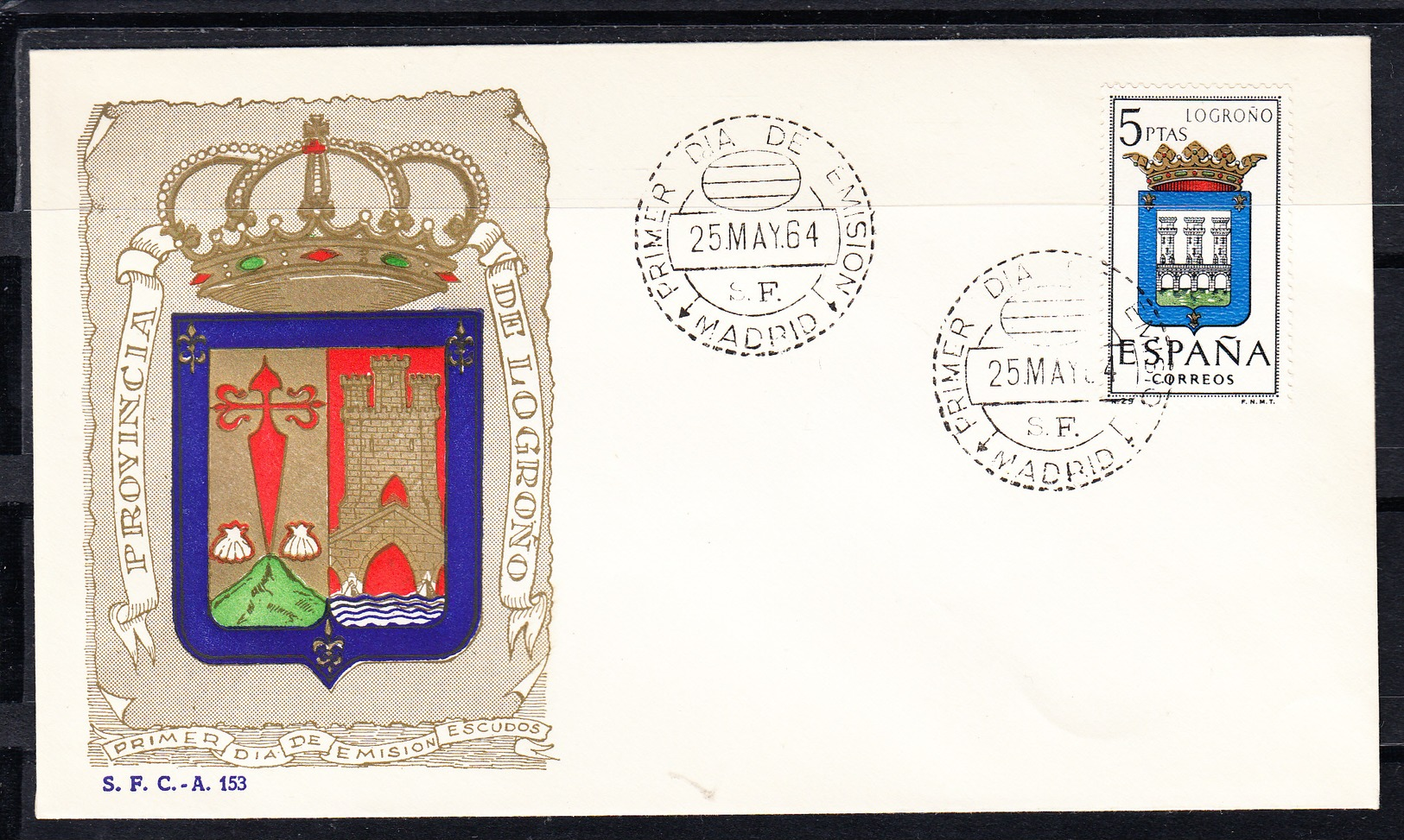 ESPAÑA 1963.SOBRE 1er. DIA FDC EDIFIL Nº 1555.ESCUDO DE LOGROÑO .MATASELLOS DE MADRID . CECI 3 Nº 190 - FDC