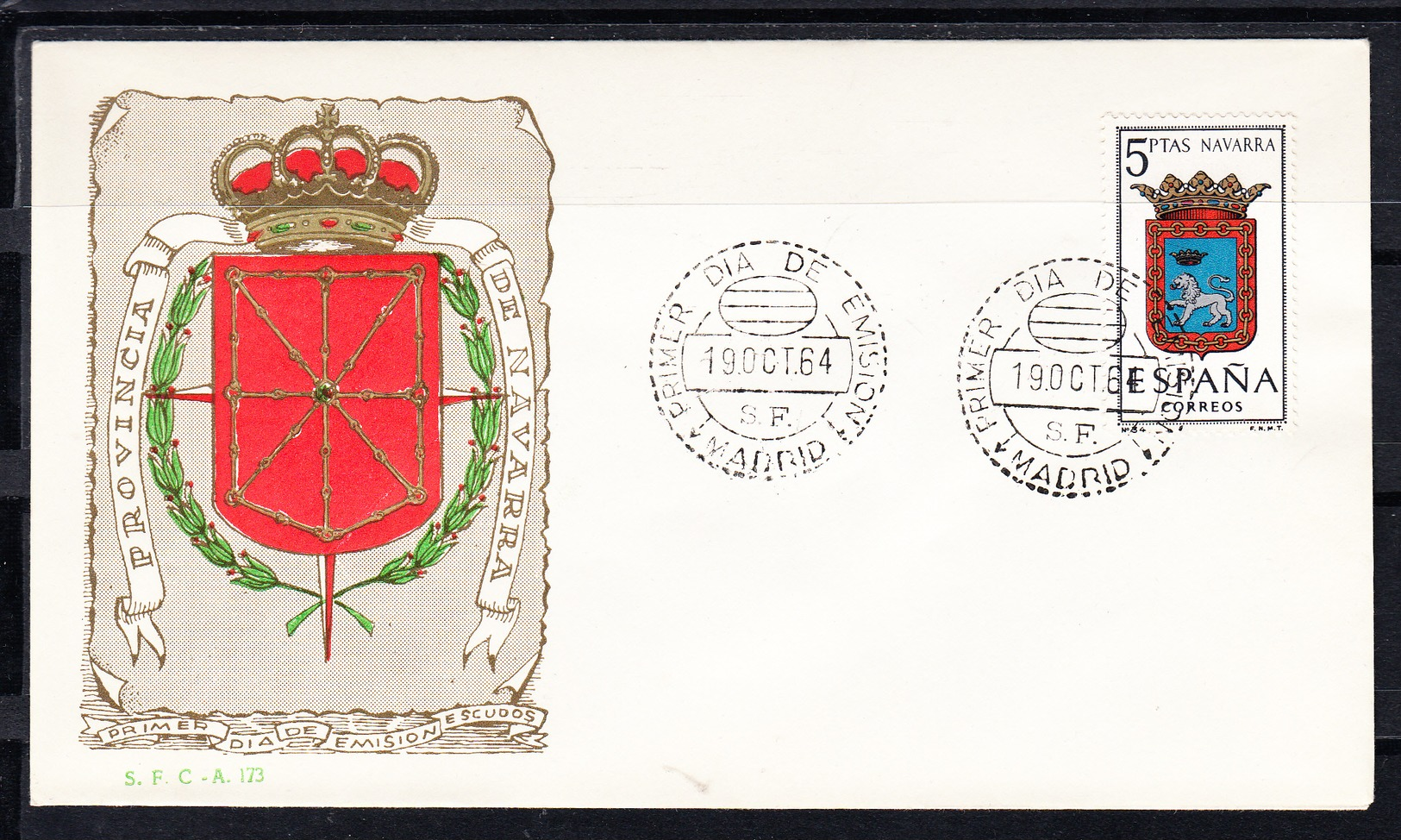 ESPAÑA 1963.SOBRE 1er. DIA FDC EDIFIL Nº 1560.ESCUDO DE NAVARRA  .MATASELLOS DE MADRID . CECI 3 Nº 195 - FDC