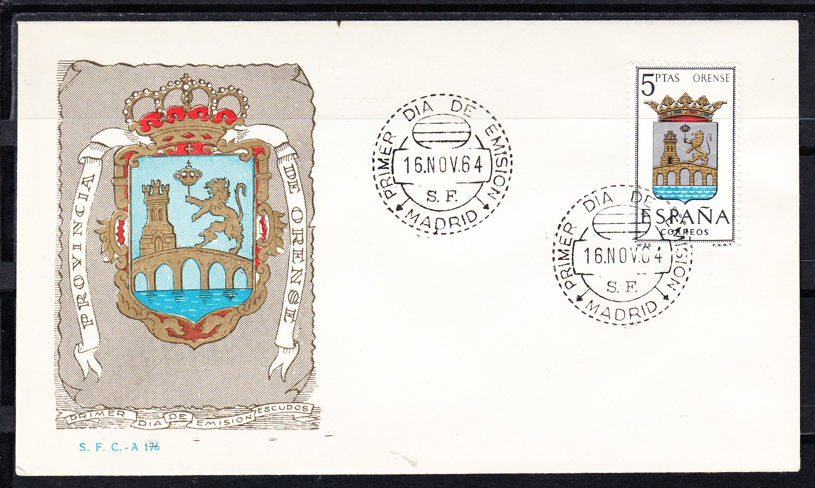 ESPAÑA 1963.SOBRE 1er. DIA FDC EDIFIL Nº 1561.ESCUDO DE ORENSE .MATASELLOS DE MADRID . CECI 3 Nº 196 - FDC