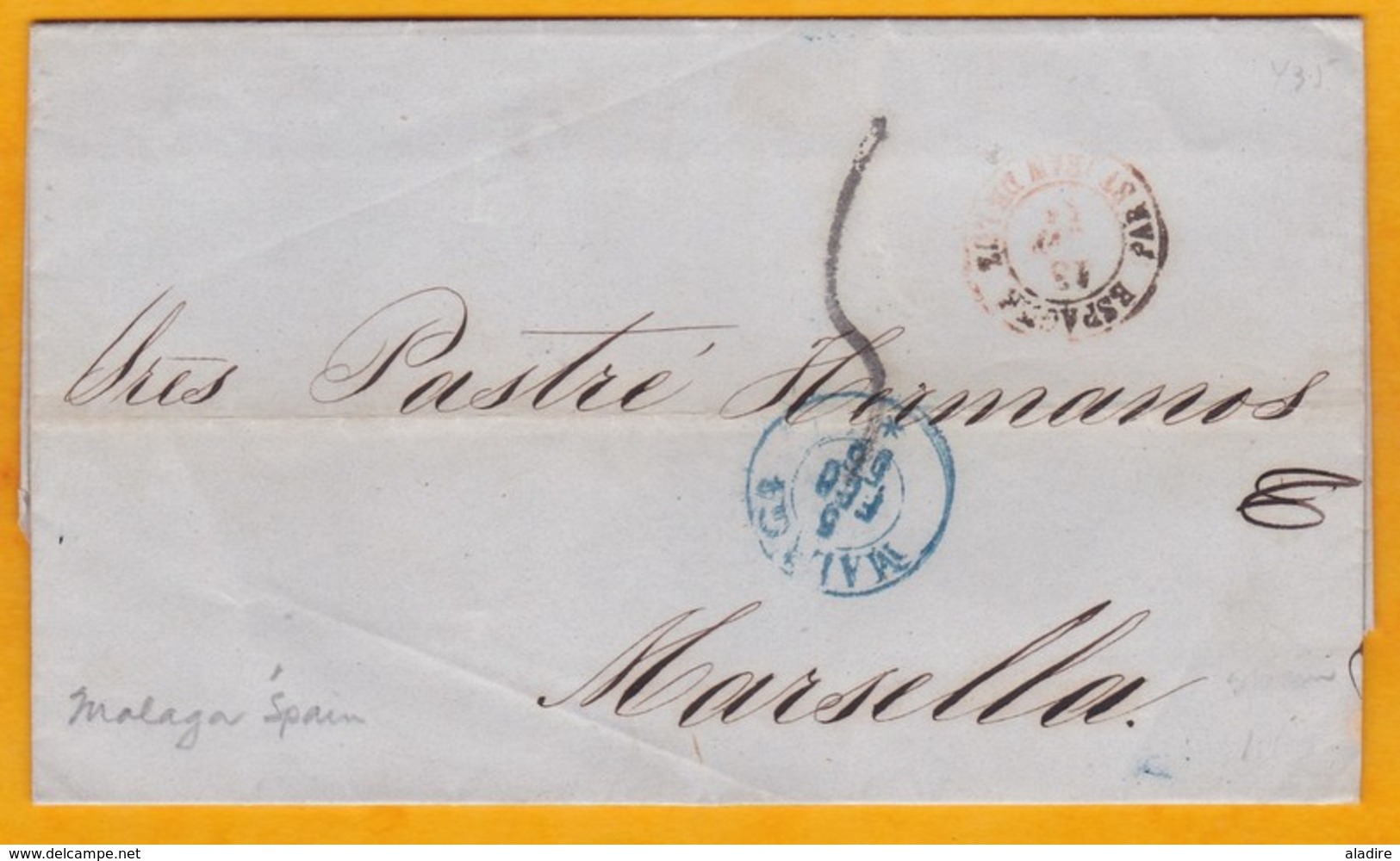 1856 - Lettre Avec Correspondance De Malaga, Espagne Vers Marseille, France - Cad Entrée En France - 4 Scans - Covers & Documents