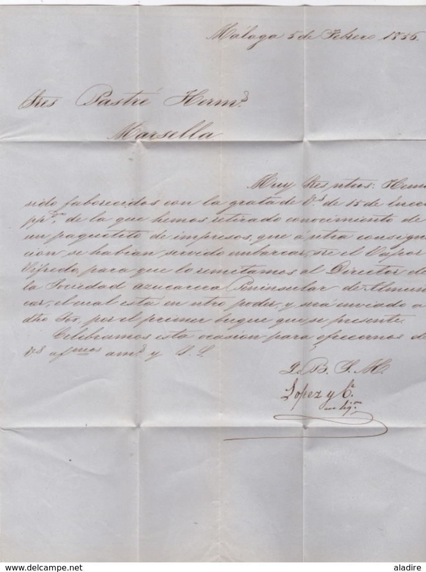 1856 - Lettre Avec Correspondance De Malaga, Espagne Vers Marseille, France - Cad Entrée En France - 4 Scans - Lettres & Documents