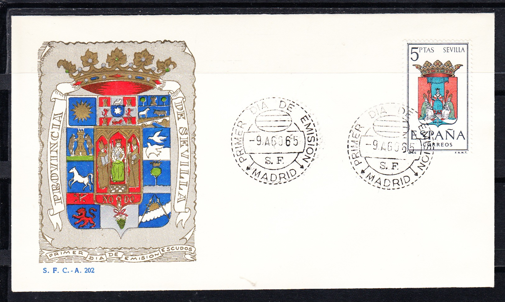 ESPAÑA 1965.SOBRE 1er. DIA FDC EDIFIL Nº 1638.ESCUDO DE SEVILLA .MATASELLOS DE MADRID . CECI 3 Nº 204 - FDC