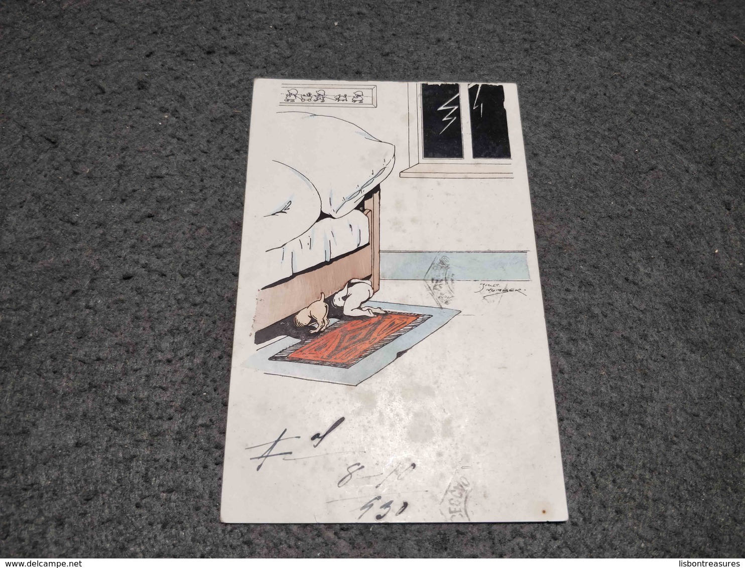 ANTIQUE  POSTCARD COMIC BOY AND DOG UNDER THE BED SIGNED JACK NUMBER CIRCULATED PORTUGAL 1939 ? - Number, Jack