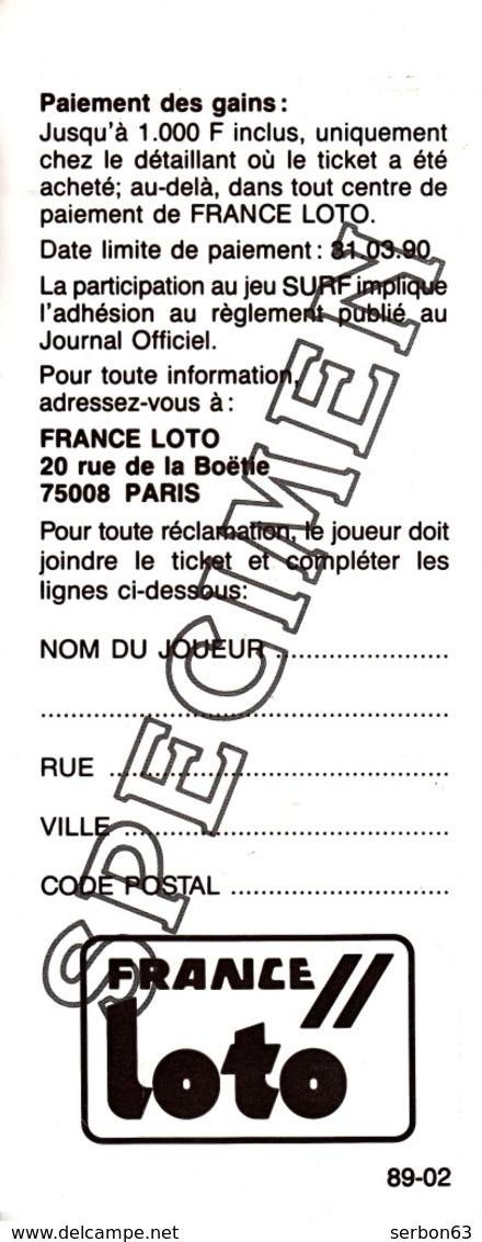 1 TICKET SURF FRANCE LOTO FDJ GRAND SPÉCIMEN NEUF DE DÉMONSTRATION POUR VITRINE NON GRATTE 19X12cm - NOTRE SITE Serbon - Billets De Loterie