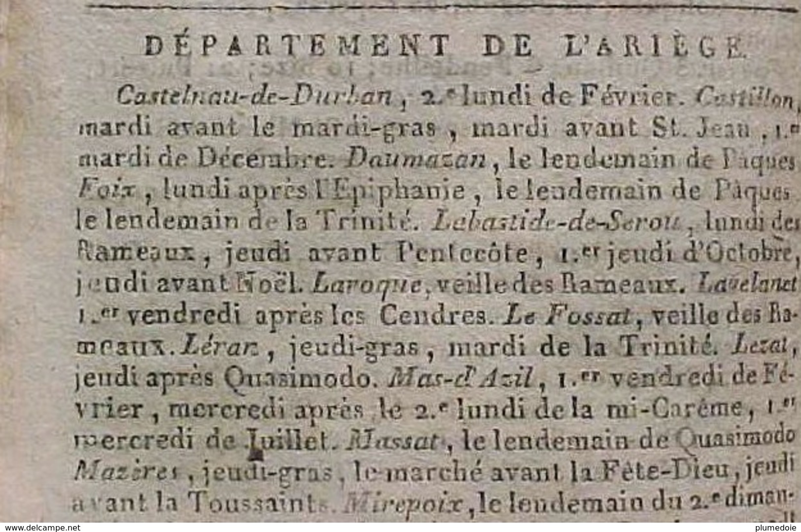 ALMANACH CALENDRIER  1826 ,  FETES , FOIRES  Départements 09 , 11 , 12 , 31, 32, 33 , 46 , 47 , 64 , 65 , 66, 81 , 82