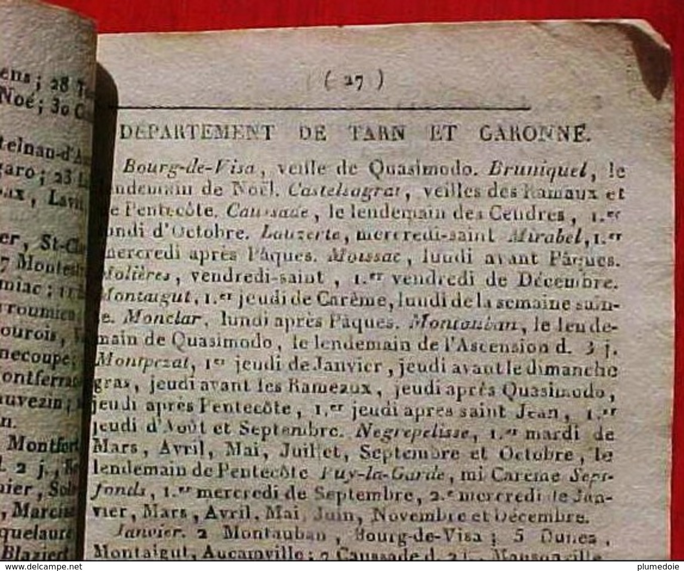 ALMANACH CALENDRIER  1826 ,  FETES , FOIRES  Départements 09 , 11 , 12 , 31, 32, 33 , 46 , 47 , 64 , 65 , 66, 81 , 82