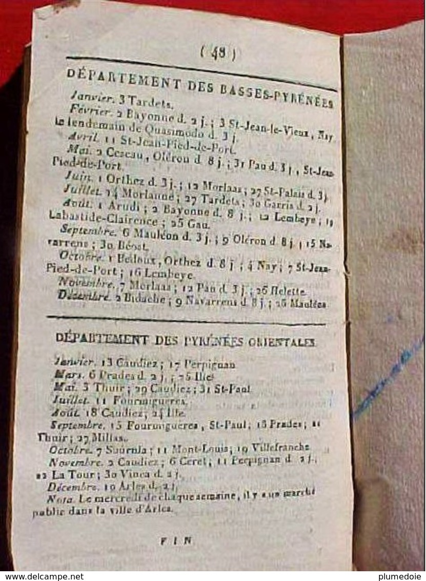 ALMANACH CALENDRIER  1826 ,  FETES , FOIRES  Départements 09 , 11 , 12 , 31, 32, 33 , 46 , 47 , 64 , 65 , 66, 81 , 82