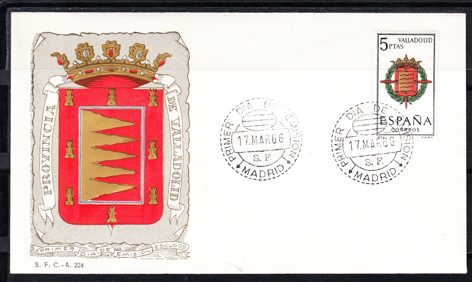 ESPAÑA 1966.SOBRE 1er. DIA FDC EDIFIL Nº 1698.ESCUDO DE VALLADOLID  .MATASELLOS DE MADRID . CECI 3 Nº 207 - FDC