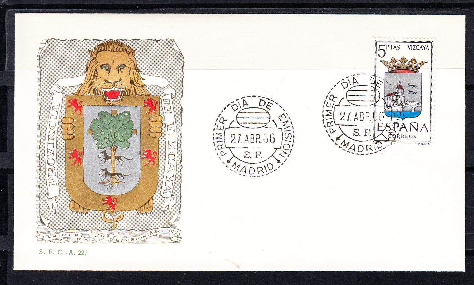 ESPAÑA 1966.SOBRE 1er. DIA FDC EDIFIL Nº 1699.ESCUDO DE VIZCAYA  .MATASELLOS DE MADRID . CECI 3 Nº 208 - FDC