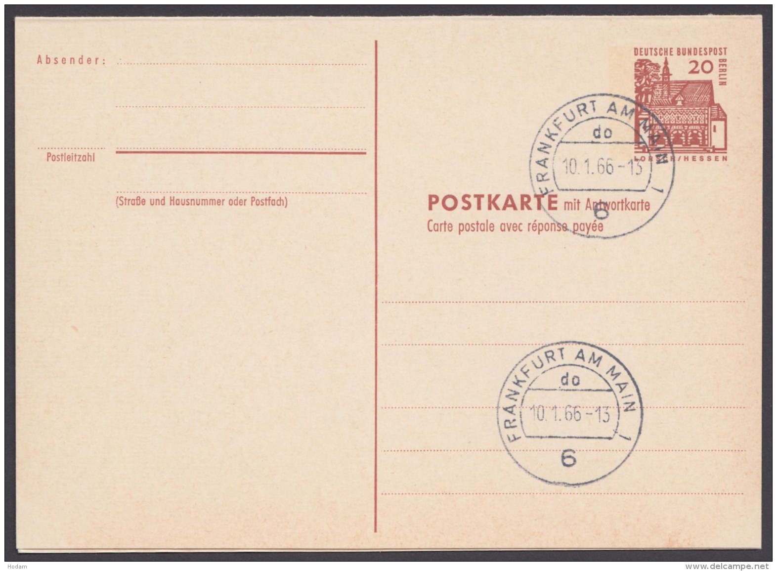 Mi-Nr. P67, Kplt. Doppelkarte, Versandstellenstempel "Frankfurt", 10.1.66, O - Postcards - Used