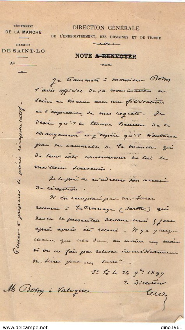 VP12.267 - 1897 - Lettre De La Direction Générale De ....des Domaines & Du Timbre à SAINT - LO - Manuscripts