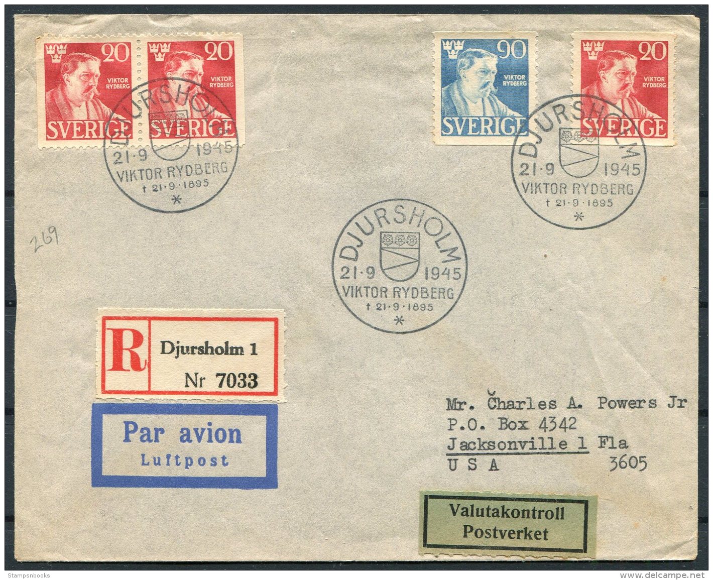 1945 Sweden Rydberg First Day Cover. Djursholm Registered Airmail - Jacksonville Florida USA Postverket - FDC