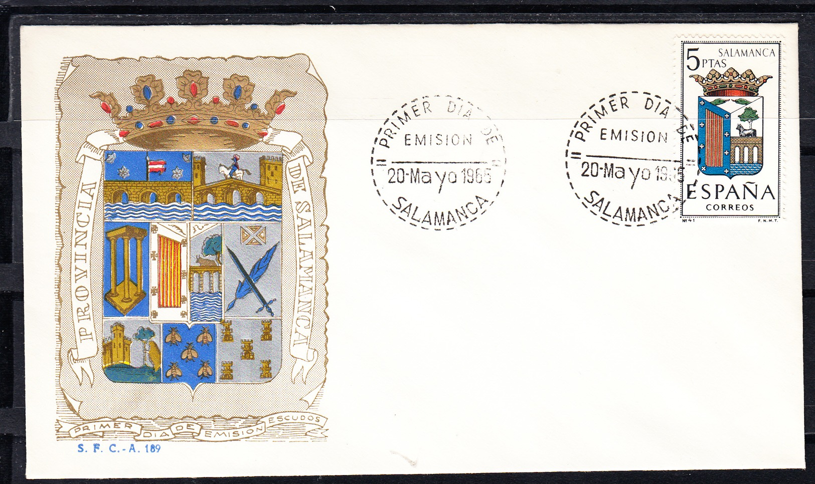 ESPAÑA 1965.SOBRE 1er. DIA FDC EDIFIL Nº 1635 .ESCUDO DE SALAMANCA  .MATASELLOS DE LA PROVINCIA . CECI 3 Nº 218 - FDC