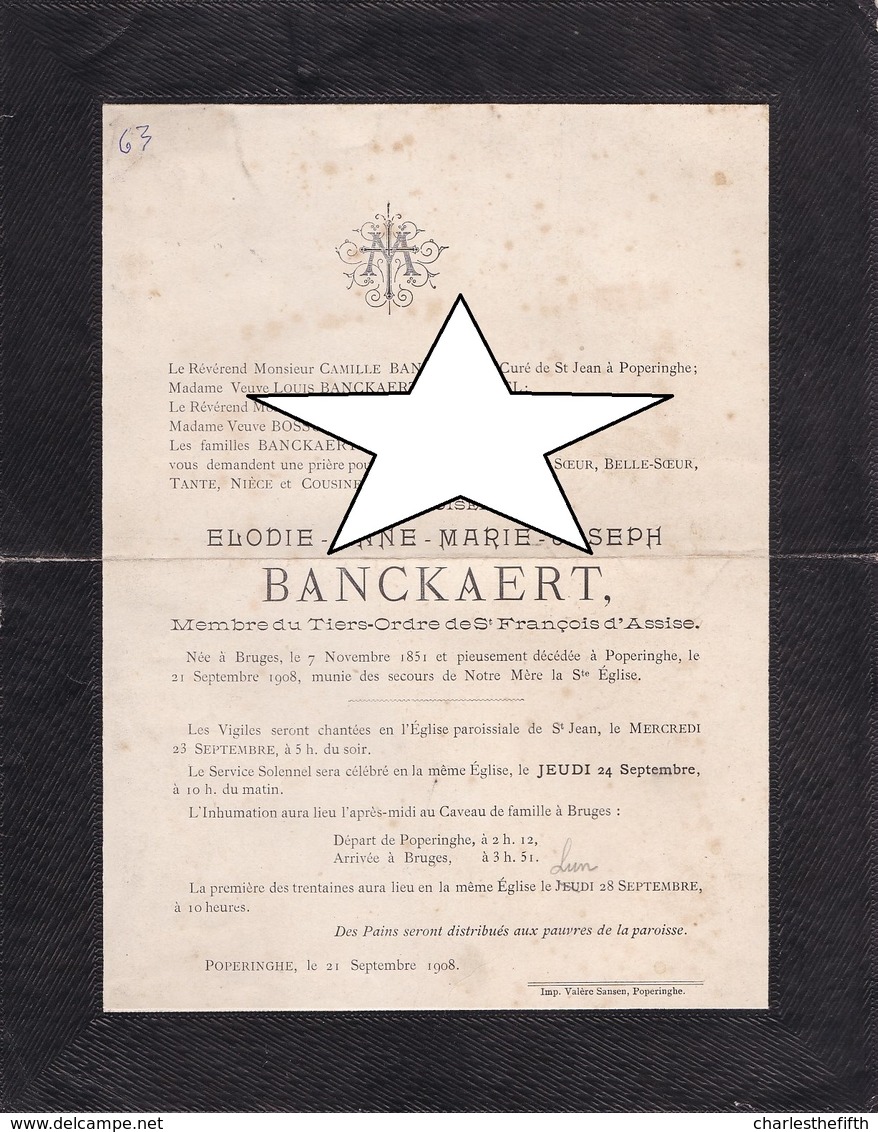 DOODSBRIEF ELODIE  BANCKAERT  - BRUGGE 1851 +1908 Poperinge - Andachtsbilder