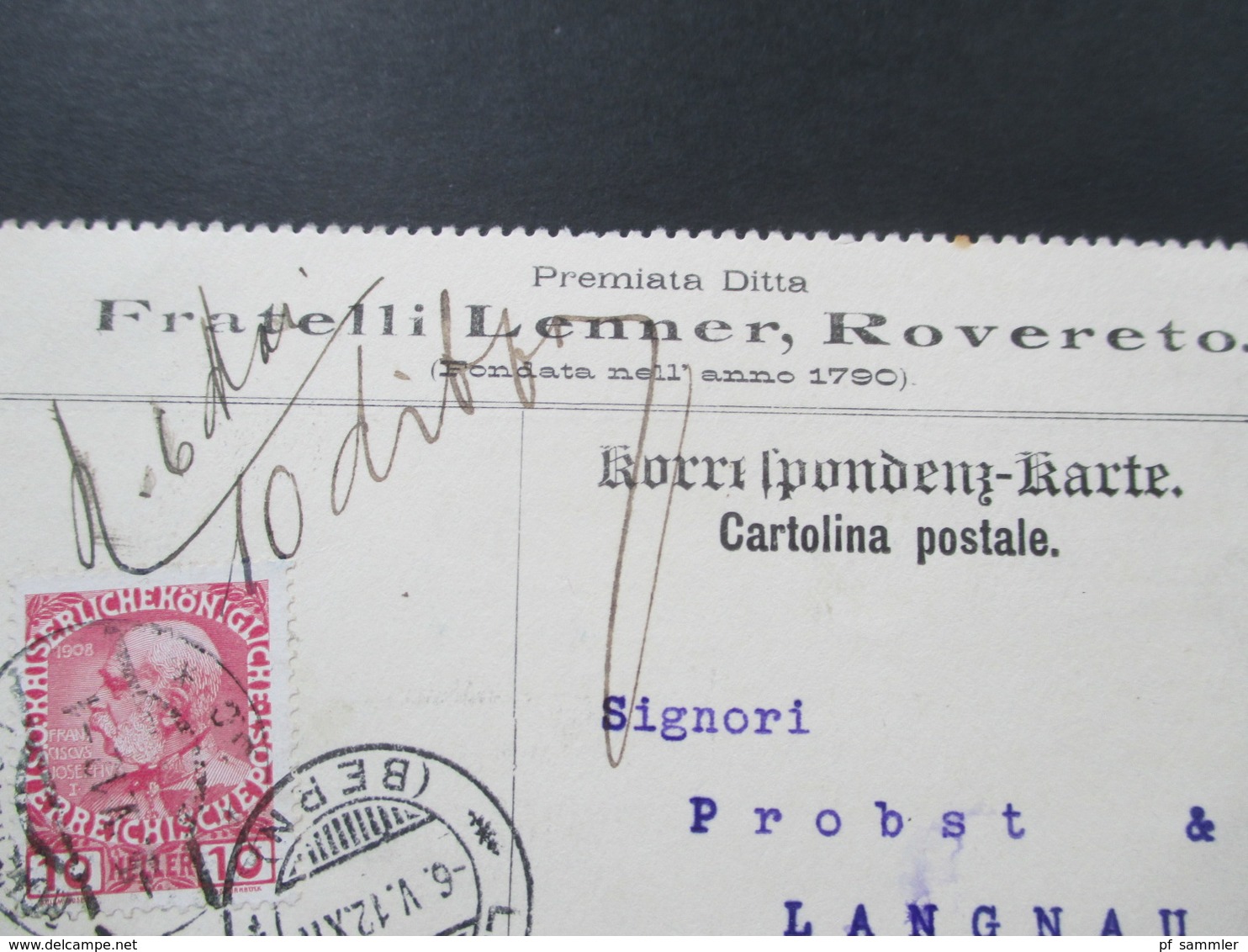 Österreich 1912 Korrespondenz Karte Fratelli Lenner, Rovereto. Nach Langnau (Bern) Schweiz - Brieven En Documenten