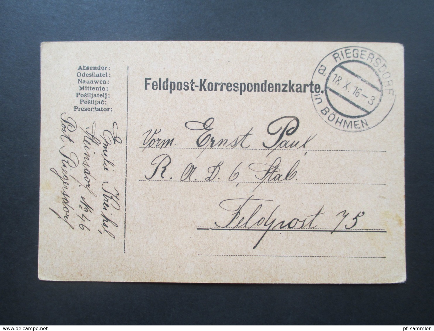 Österreich 1916 Feldpost Korrespondenzkarte. Stempel: Riegersdorf In Böhmen. - Brieven En Documenten