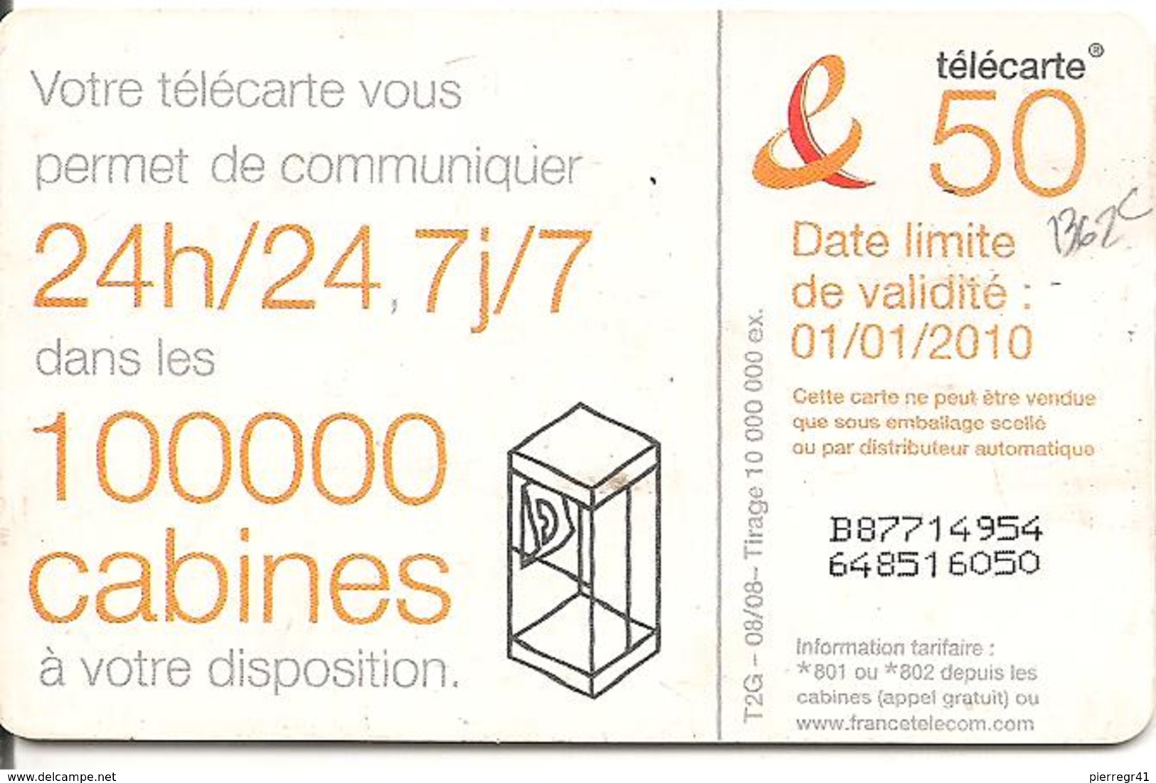 CARTE°-PUBLIC-50U-F1362B-GEM1-08/08-DANSE 6-V°100000 CABINES-Ex 01/01/2010-UTILISE-TBE - 2008