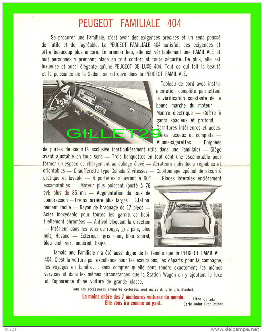 VOITURES DE TOURISME - PEUGEOT FAMILIALE 404 - DESCRIPTION COMPLÈTE -  QUÉBEC AUTO LTÉE, CONCESSIONNAIRE - - Voitures De Tourisme