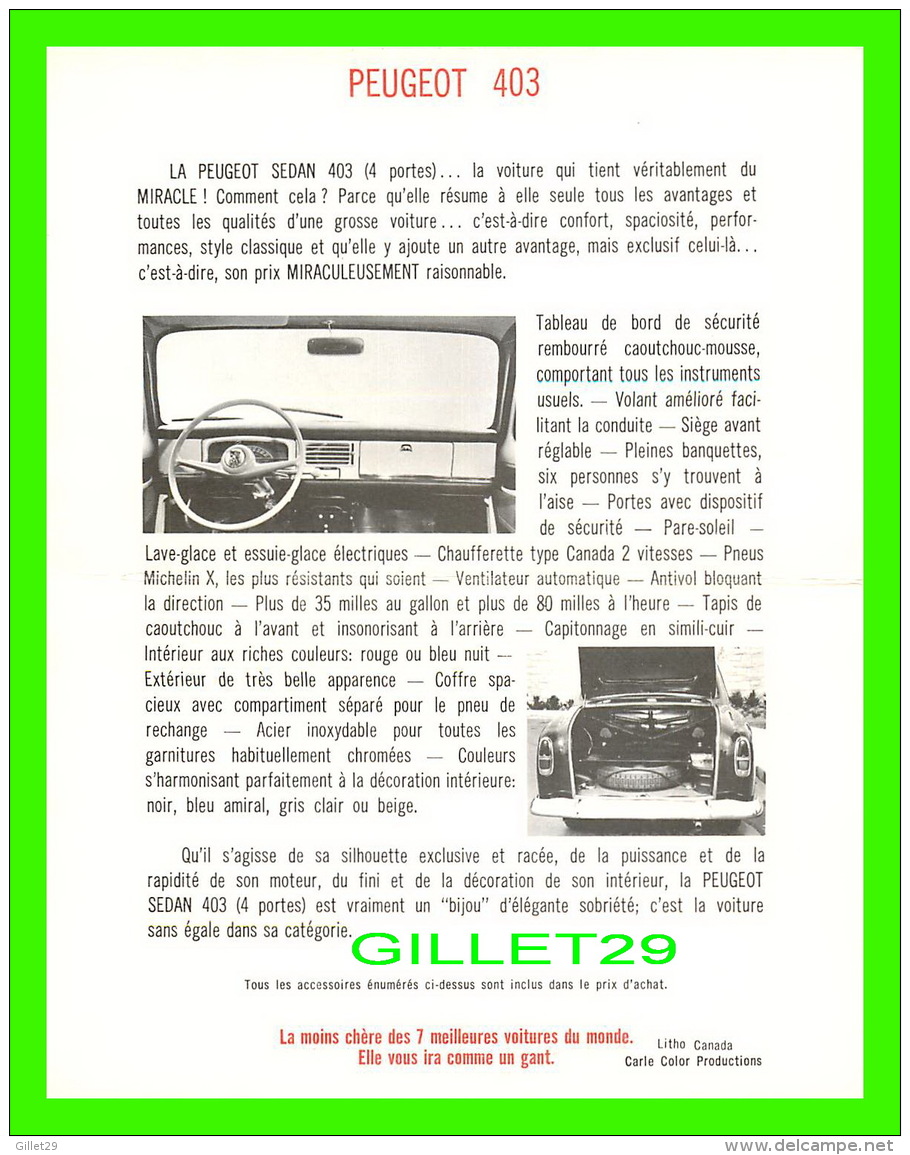 VOITURES DE TOURISME - PEUGEOT  4 PORTES,  403 - DESCRIPTION COMPLÈTE -  QUÉBEC AUTO LTÉE, CONCESSIONNAIRE - - Voitures De Tourisme