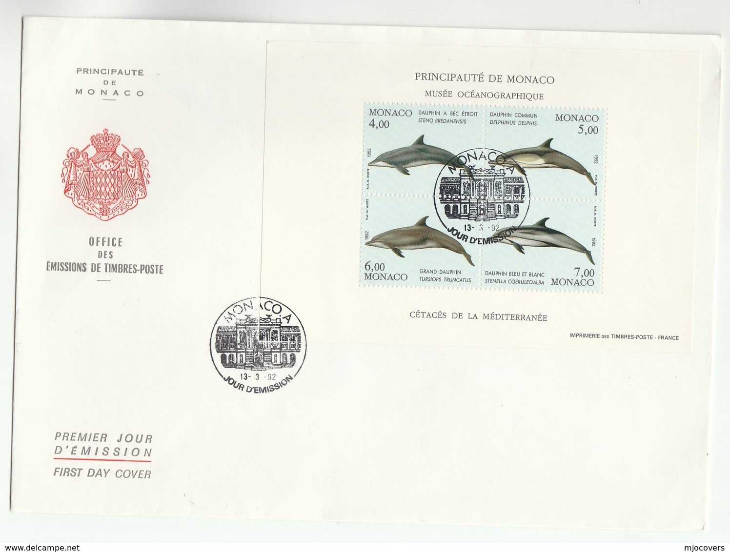 1992 MONACO FDC Miniature Sheet DOLPHIN Stamps Cover Dolphins - Dolphins