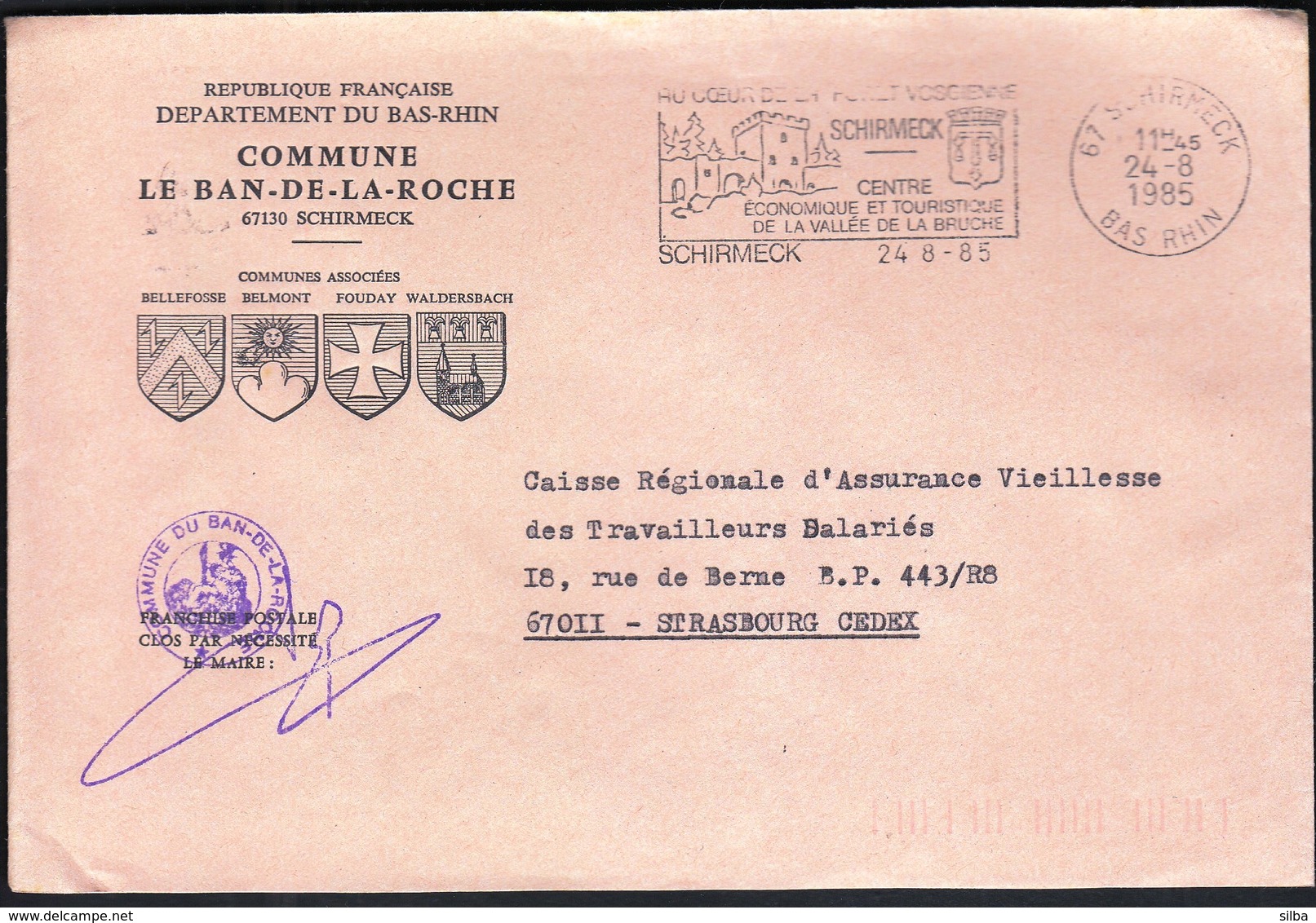 France Schirmeck 1985 / Commune De Le Ban De La Roche / Coat Of Arms / Tourism, Castle / Machine Stamp - 1961-....
