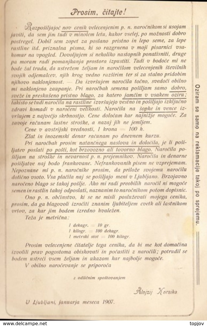 SLOVENIA - VRTLARSTVO In LJUBLJANI - CENOVNIK - 1907 - Autres & Non Classés