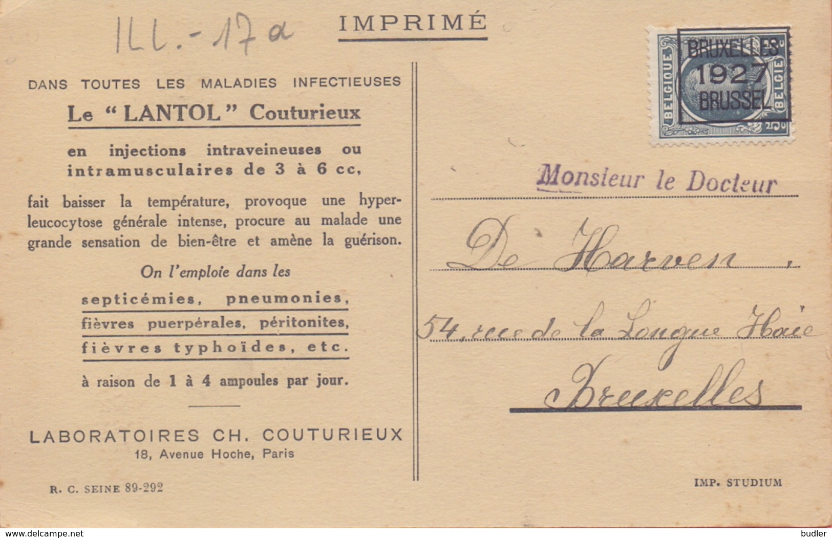 BELGIË/BELGIQUE :1927: Carte Publicitaire Des ##LABORATOIRES CH. COUTURIEUX ##  Vers ## Mr. Le Docteur DE HARVEN, Rue... - Droguerie & Parfumerie