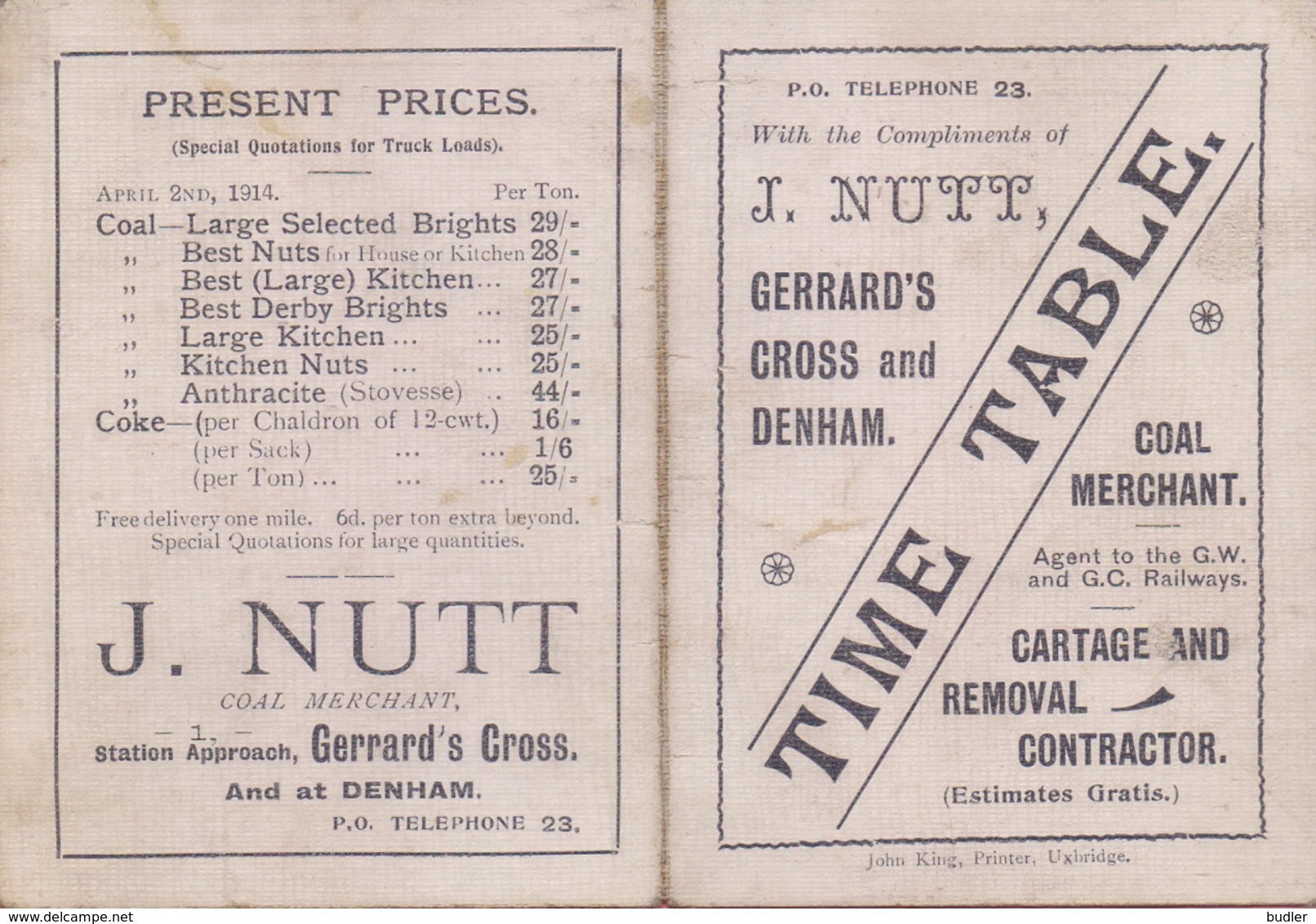 GREAT-BRITAIN :1914: TIME TABLE (Trains) With The Compliments Of J. NUTT, GERRARD'S CROSS And DENHAM, Coal Merchant ... - Europe